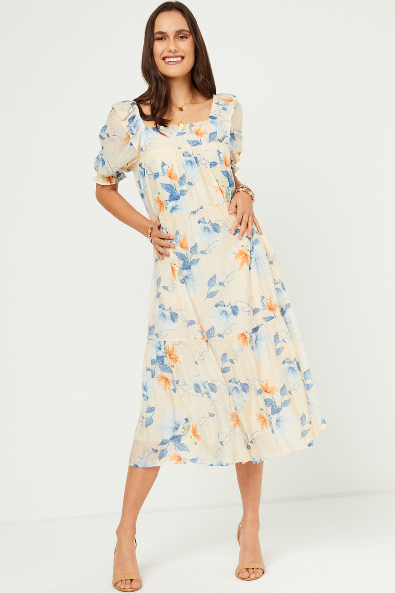 Womens Watercolor Floral Square Neck Ruffled Shoulder Dress