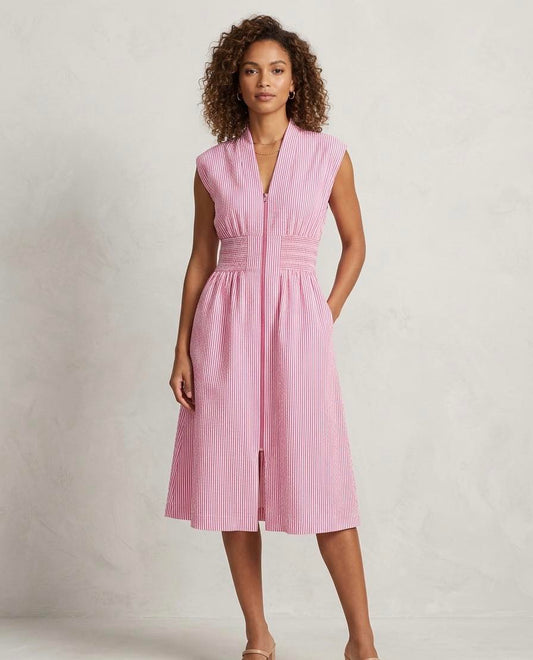 Fun Zippered Red Seer Sucker Maxi Dress