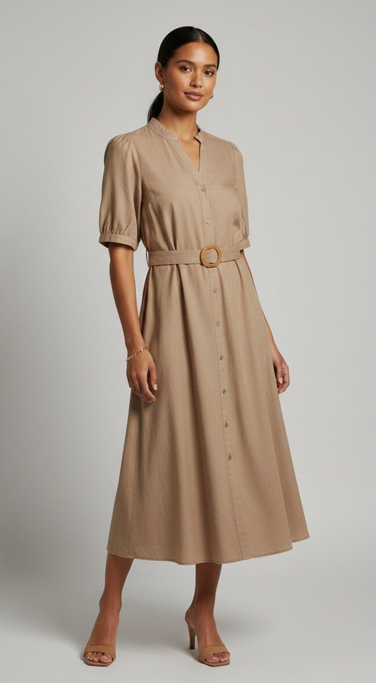 Taupe Solid Belted Dress