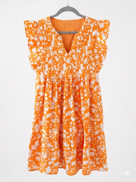 Orange Floral Dress with Ruffle Sleeve
