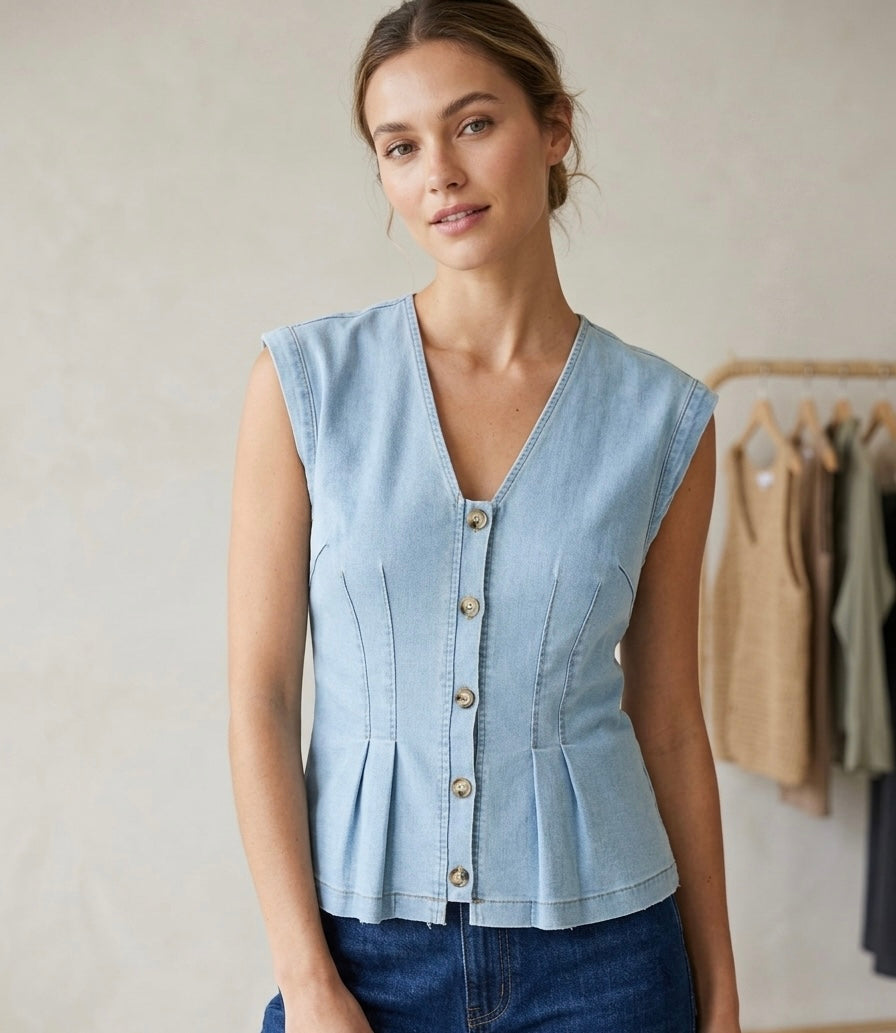 Denim Pleated Sleeveless Button Down