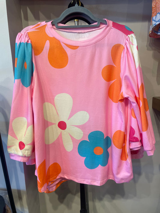 Pink Flower Print Sleeve Top