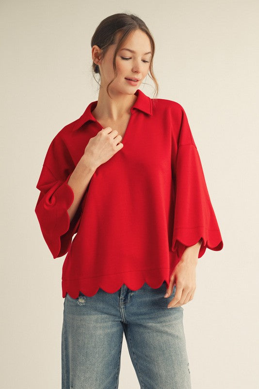3/4 sleeves v neck top with scallop edge detail, collared neckline - Red