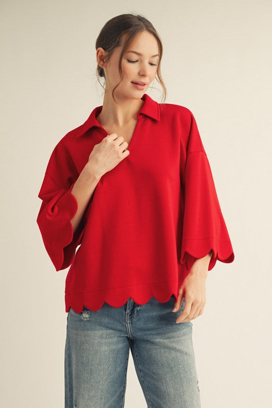 3/4 sleeves v neck top with scallop edge detail, collared neckline - Red