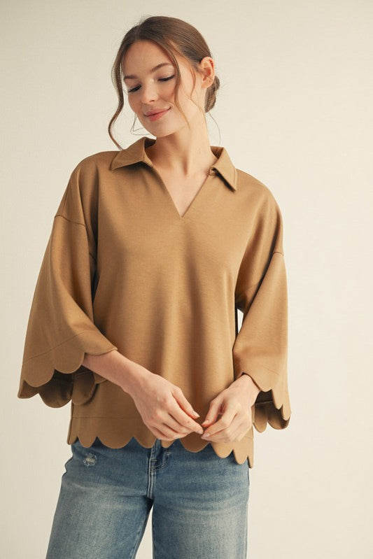 3/4 sleeves v neck top with scallop edge detail, collared neckline - Taupe