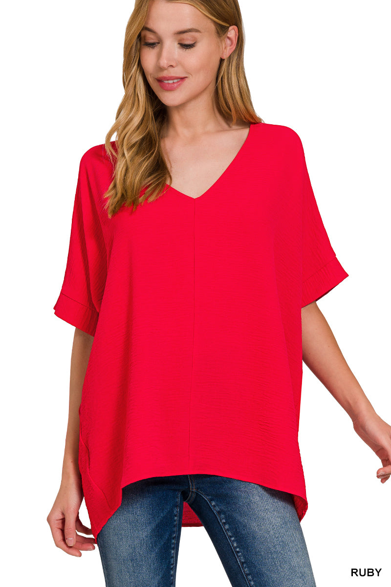 Woven Airflow V-Neck Dolman SS Top - Ruby
