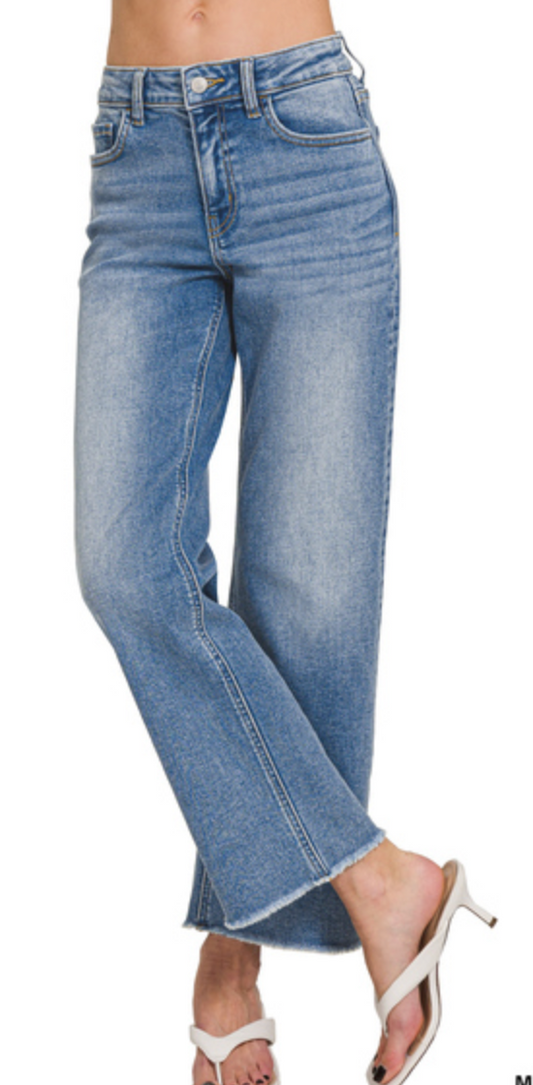HIGH WAIST STRAIGHT LEG MEDIUM WASH DENIM PANTS