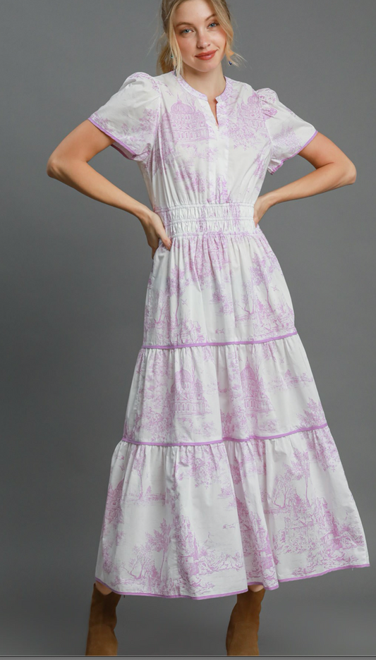 Toile Print Tiered Maxi Dress