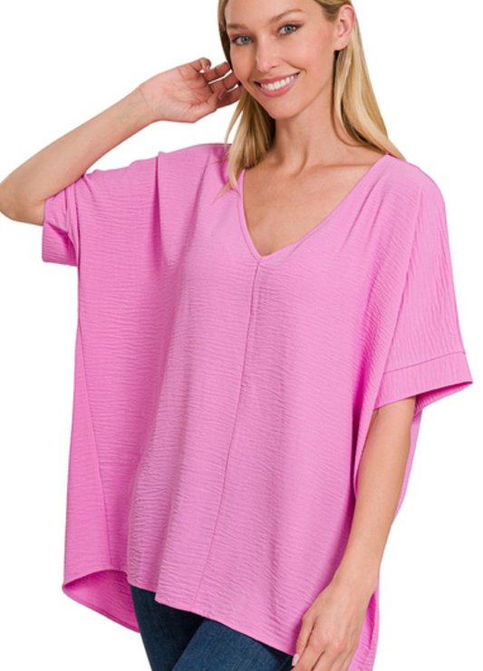 Woven Airflow V-Neck Dolman SS Top - Mauve
