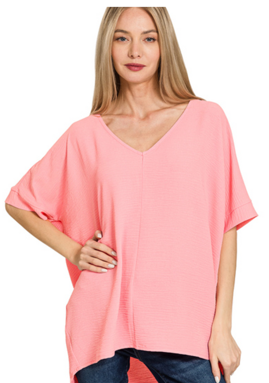 Woven Airflow V-Neck Dolman SS Top - Dk Pink