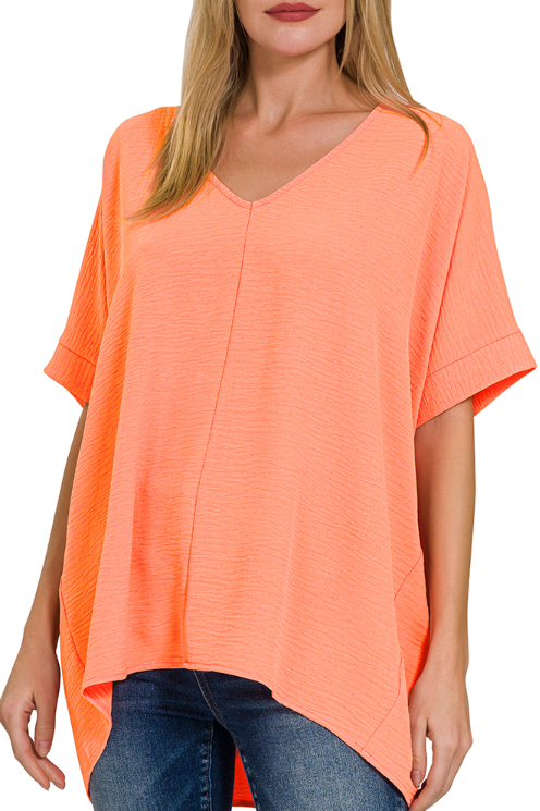 Woven Airflow V-Neck Dolman SS Top - Coral
