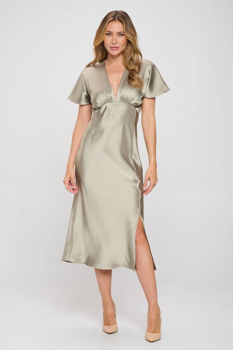 Renee C. - Made in USA Solid Satin V neck Midi Dress with Slit