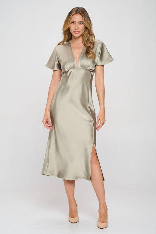 Renee C. - Made in USA Solid Satin V neck Midi Dress with Slit