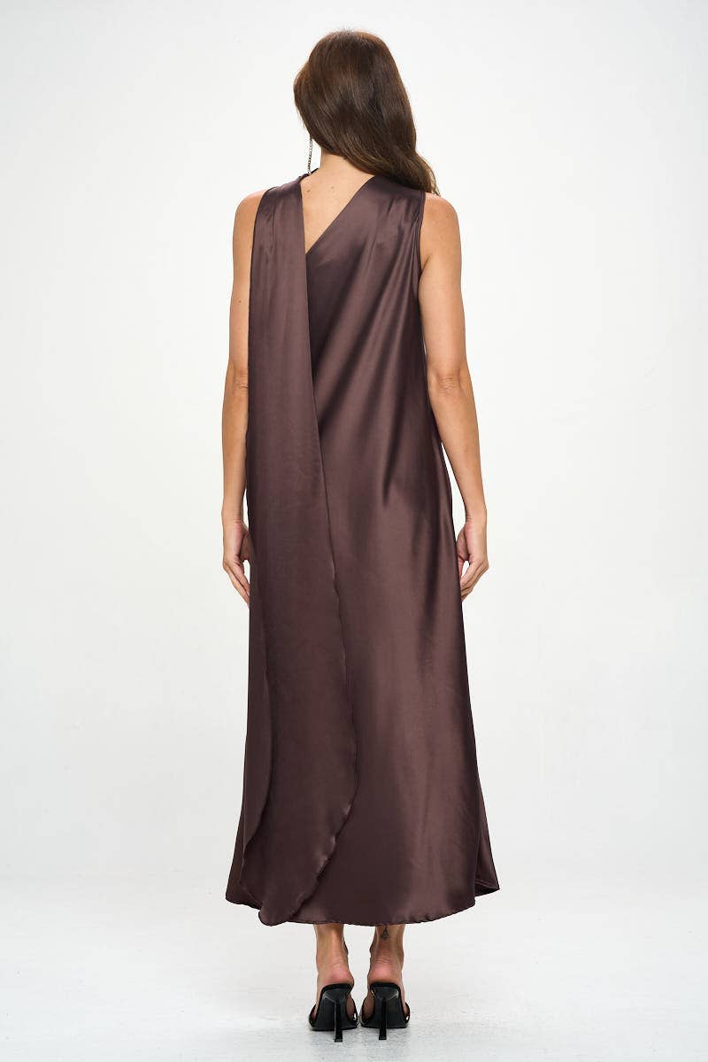 One Shoulder Satin Maxi Dress with Scarf Detail