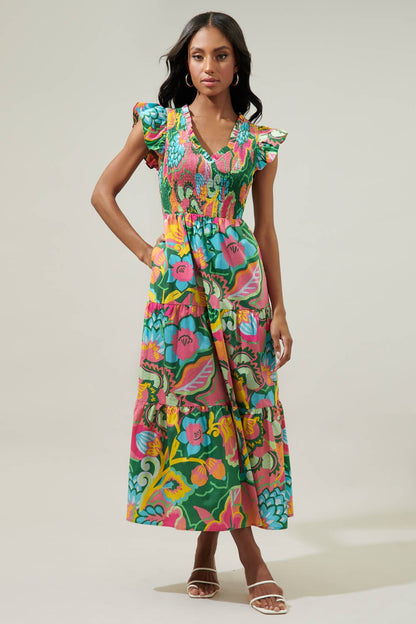 Sugarlips - Lanai Multi Tropics Sunfire Smocked Bodice Tiered Midi Dress
