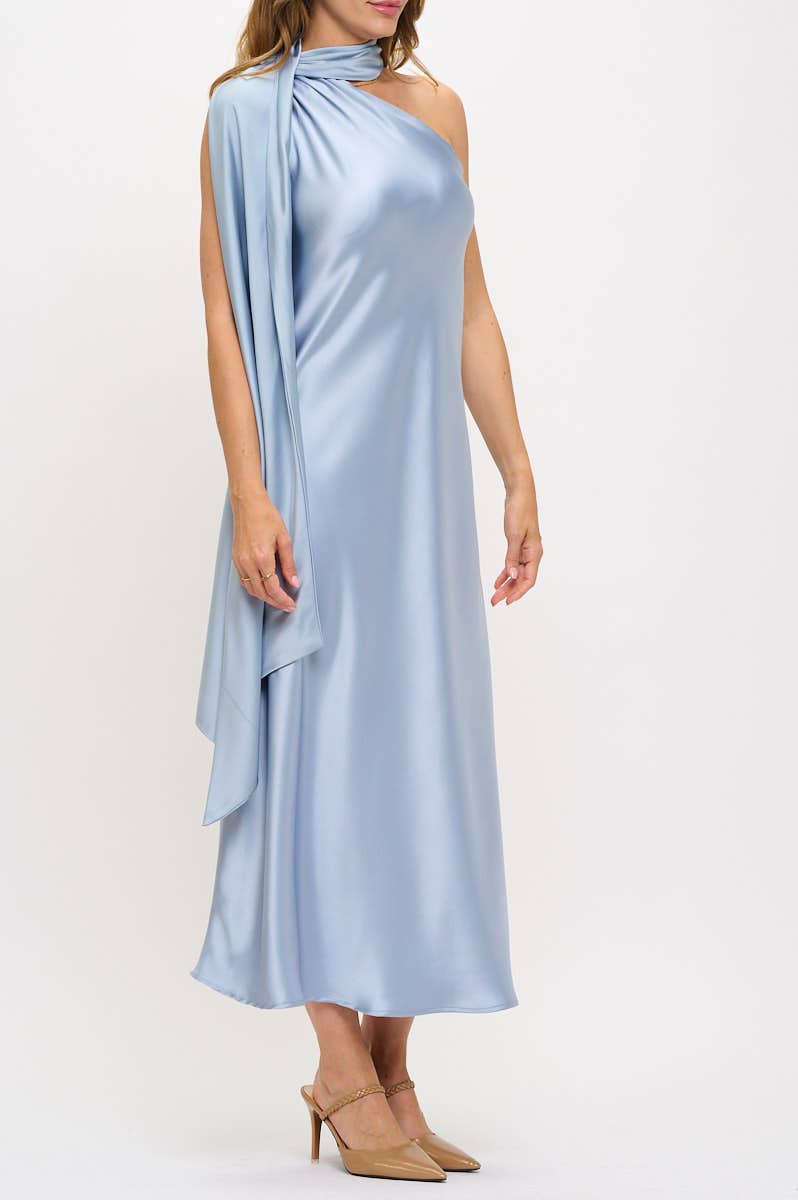 One Shoulder Satin Maxi Dress with Scarf Detail