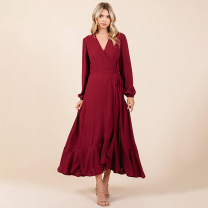 Ruffle Hem High Low Long Sleeve Wrap Maxi Dress