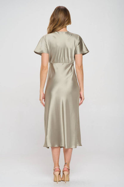 Renee C. - Made in USA Solid Satin V neck Midi Dress with Slit