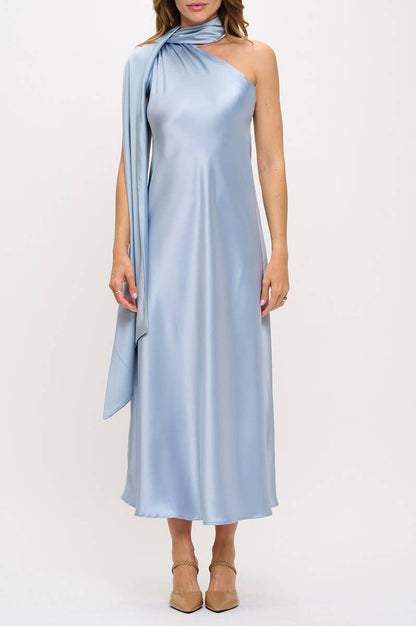 One Shoulder Satin Maxi Dress with Scarf Detail