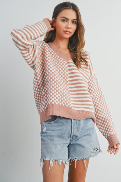 FRENCHY CHECKER PATTERN DROP SHOULDER SWEATER