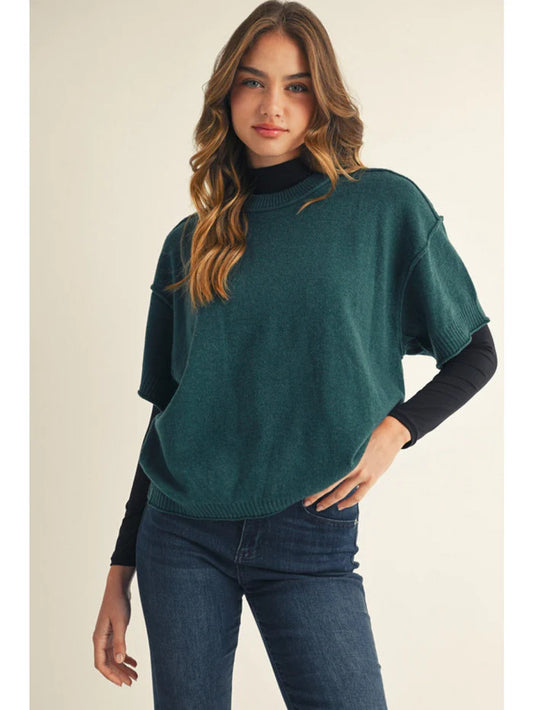 Drop shoulder comfy sweater top with raw edge detail - Teal Plus