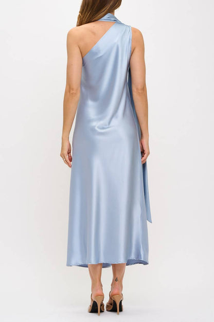 One Shoulder Satin Maxi Dress with Scarf Detail