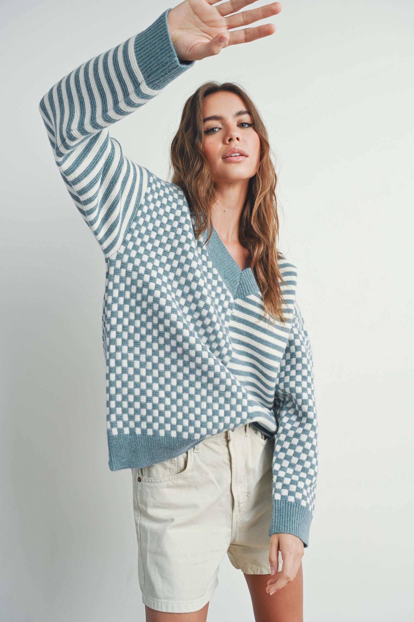 FRENCHY CHECKER PATTERN DROP SHOULDER SWEATER