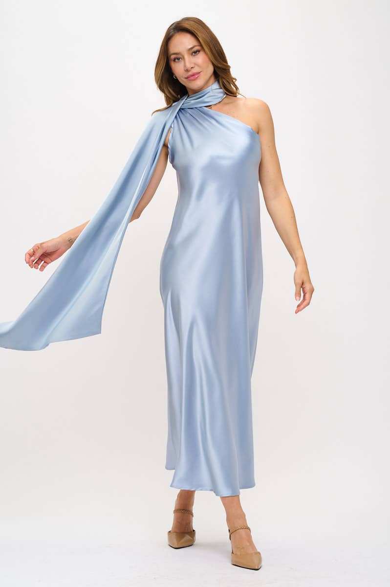 One Shoulder Satin Maxi Dress with Scarf Detail