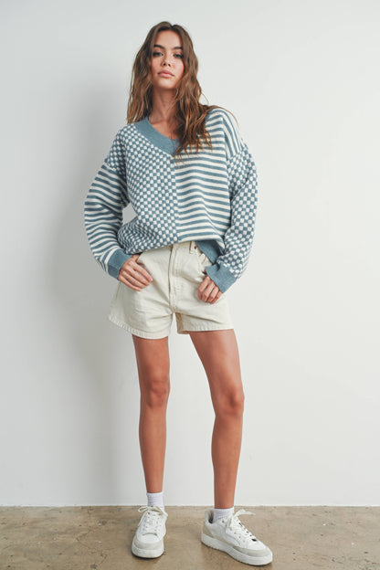 FRENCHY CHECKER PATTERN DROP SHOULDER SWEATER
