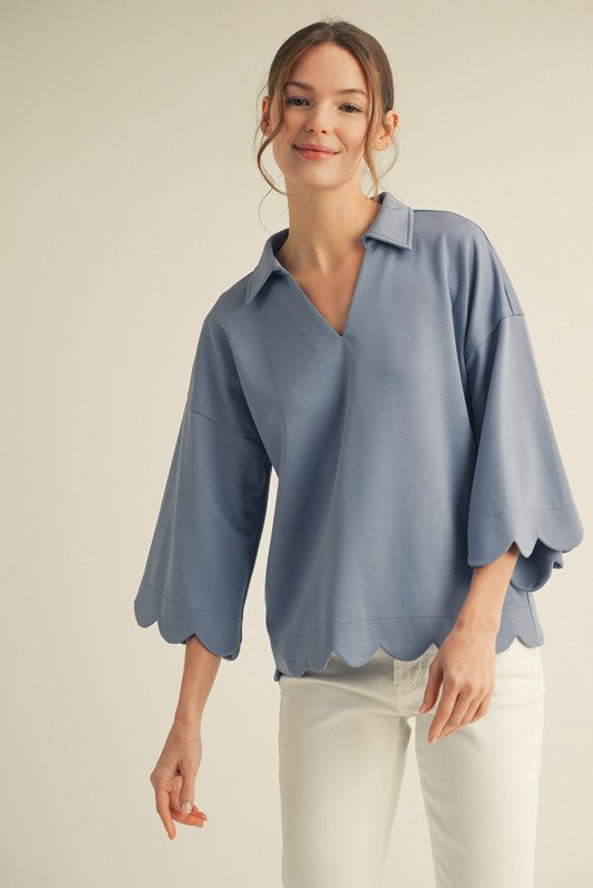 3/4 sleeves v neck top with scallop edge detail, collared neckline - Denim