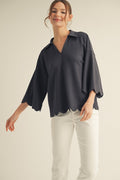 3/4 sleeves v neck top with scallop edge detail, collared neckline - charcoal