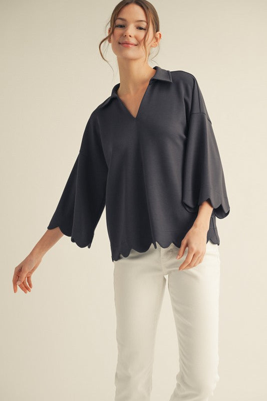 3/4 sleeves v neck top with scallop edge detail, collared neckline - charcoal